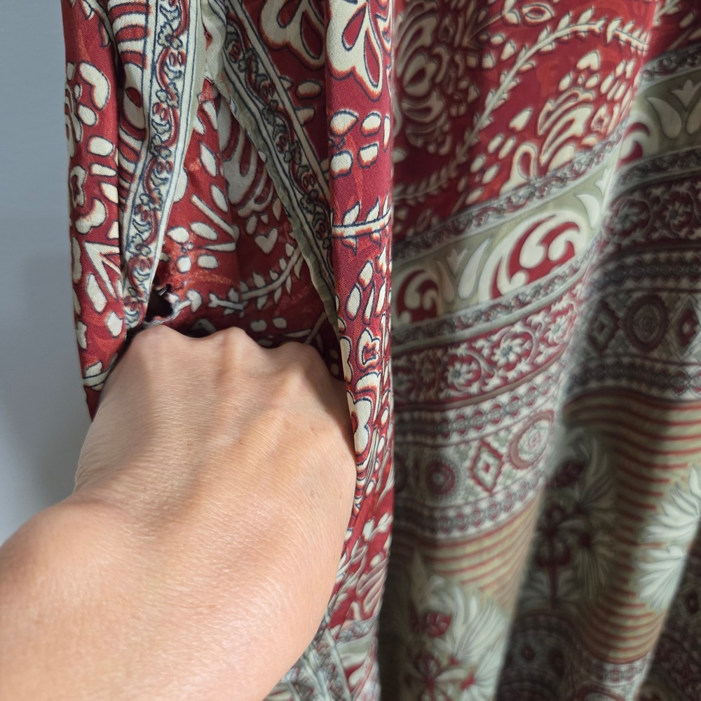 Kantha Bae Red Floral Paisley Silk Kaftan Maxi Dress with Pockets Boho One Size - Picture 5 of 9